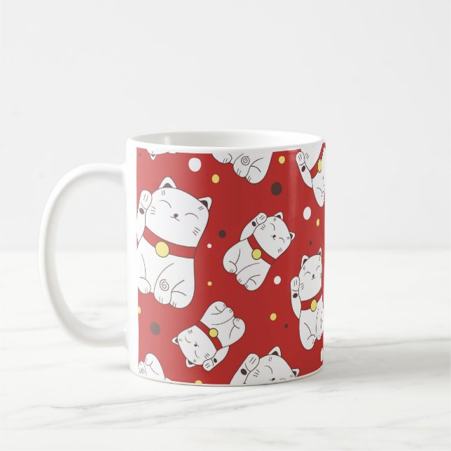 Nahtloses Muster mit Maneki-Neko-Katzenhand gezoge Kaffeetasse (Links)