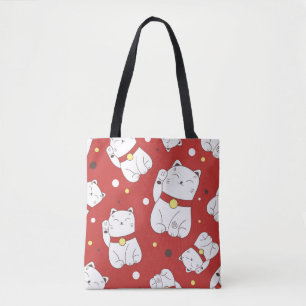 Nahtloses Muster mit Maneki-Neko-Katzenhand gezoge Tasche