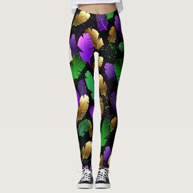 Nahtloses Muster mit Mardi-Gras-Federn Leggings (Vorderseite)