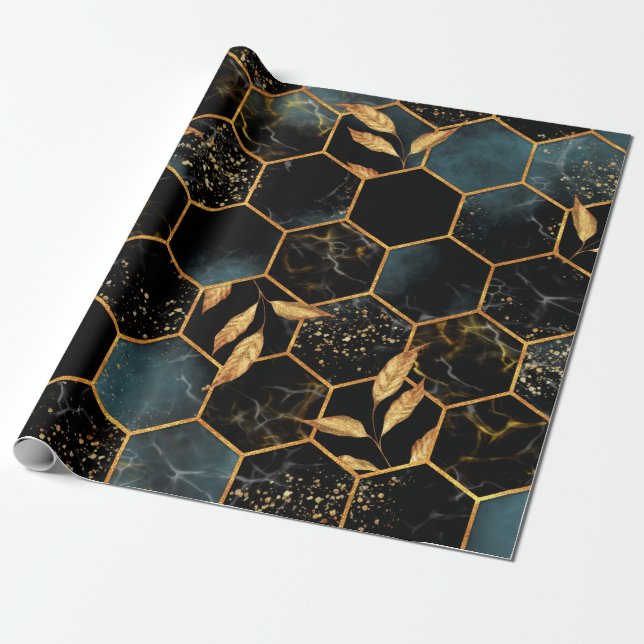 Nahtloses Muster mit Marmorhexagon und goldener Le Geschenkpapier (Ungerollt)