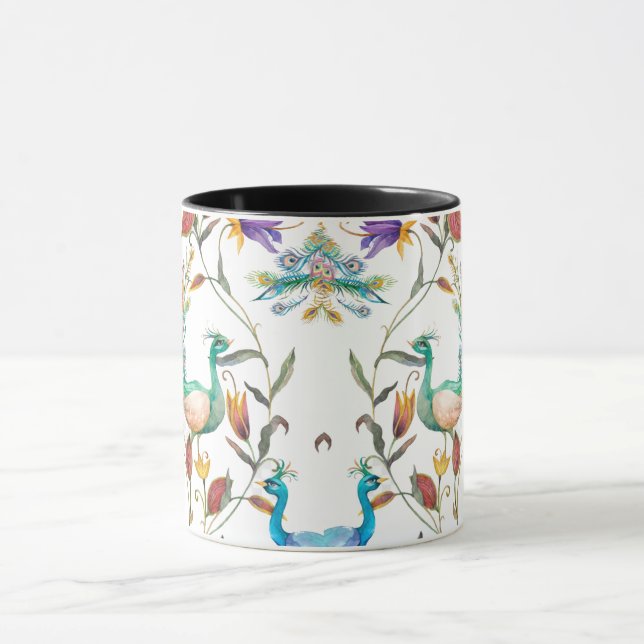 Nahtloses Muster mit Pfau und Blume Tasse (Zentrum)