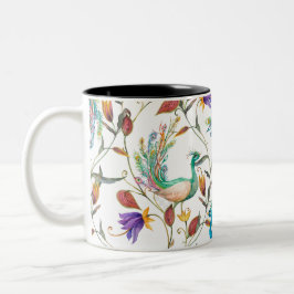 Nahtloses Muster mit Pfau und Blume Zweifarbige Tasse