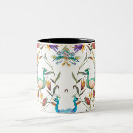 Nahtloses Muster mit Pfau und Blume Zweifarbige Tasse