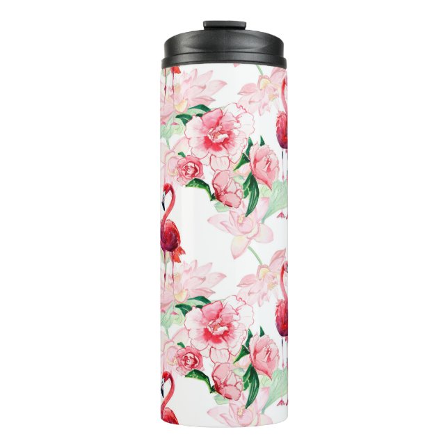 Nahtloses Muster mit rosa Flamingo Thermosbecher (Vorderseite)