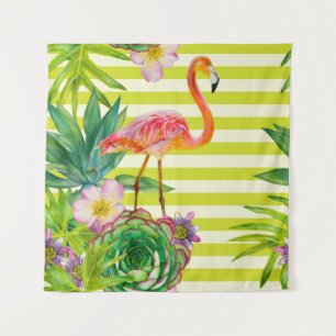 nahtloses Muster mit rosa Flamingo und exotischen Wandteppich