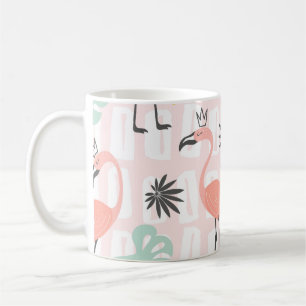 Nahtloses Muster mit rosa Flamingos und Palmblätte Kaffeetasse