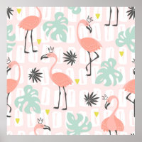 Nahtloses Muster mit rosa Flamingos und Palmblätte