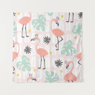 Nahtloses Muster mit rosa Flamingos und Palmblätte Wandteppich
