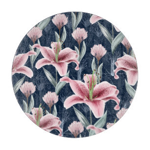 Nahtloses Muster mit rosa Lilly-Blüten. Schneidebrett