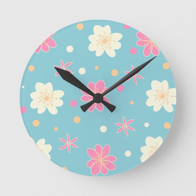 Nahtloses Muster mit rosa und weiße Blume Runde Wanduhr (Vorderseite)