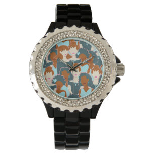 Nahtloses Muster mit schwarzen Mädchen und weißen  Armbanduhr