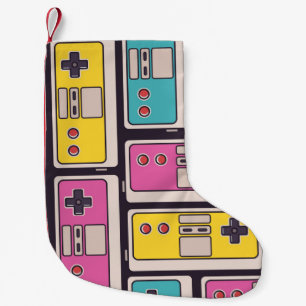 Nahtloses Muster mit Spieljoysticks. Farbige Krank Kleiner Weihnachtsstrumpf