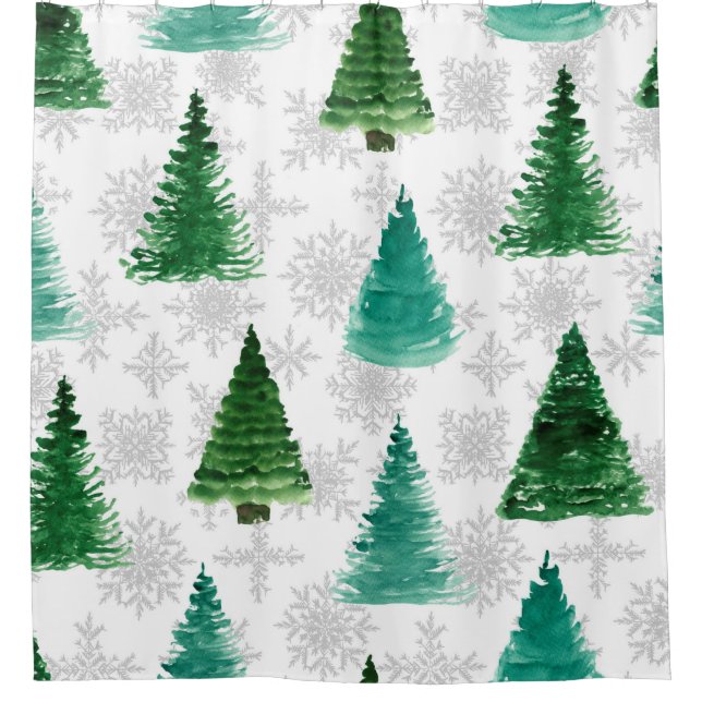 Nahtloses Muster mit Tannenbaum und Schneeflocken. Duschvorhang (Vorderseite)