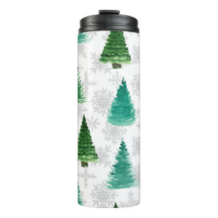 Nahtloses Muster mit Tannenbaum und Schneeflocken. Thermosbecher