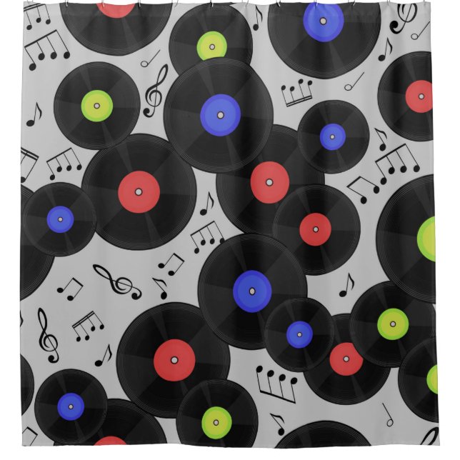 Nahtloses Muster mit Vinyl-Platten und Noten. Duschvorhang (Vorderseite)