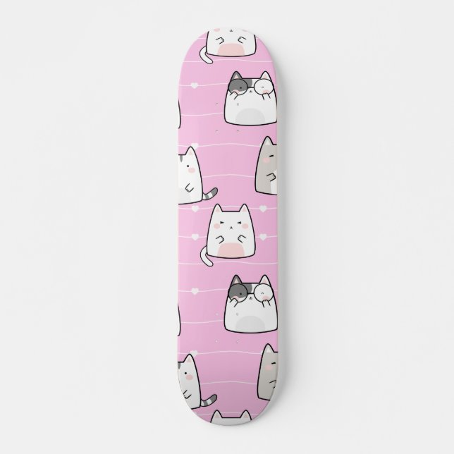 Nahtloses Muster Niedlich Kawaii Cats Herzlinie Skateboard (Vorne)