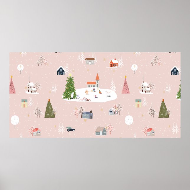 Nahtloses Muster Niedliche Weihnachtslandschaft im Poster (Vorne)