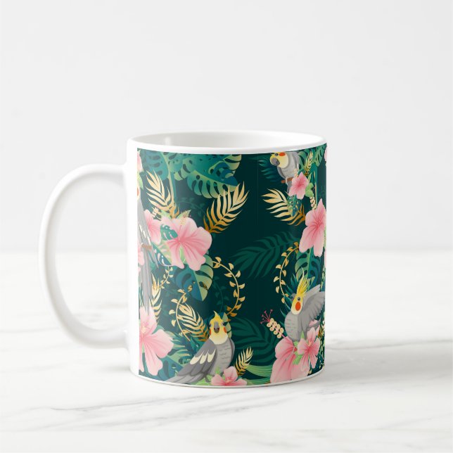 Nahtloses Muster niedlicher Kakatielpapagei sitzt  Kaffeetasse (Links)