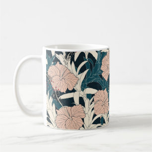 Nahtloses Muster tropisch mit rosa Hibiskus geflog Kaffeetasse