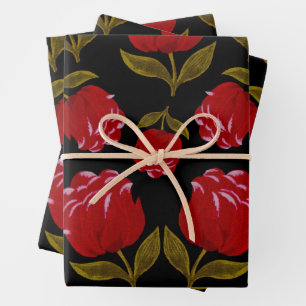 Nahtloses Muster von rote Rosen auf schwarzem Hint Geschenkpapier Set