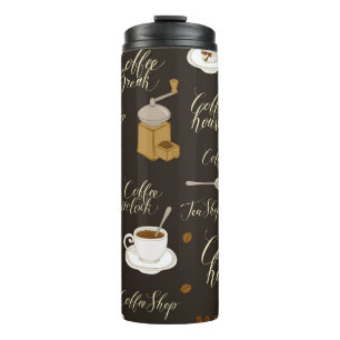 Nahtloses Muster zum Thema Tee und Kaffee im Retro Thermosbecher