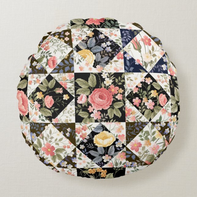 nahtloses Patchwork mit Blume Rundes Kissen (Vorderseite)