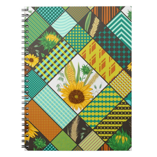 Nahtloses Patchwork mit Getreide, Sonnenblumen Notizblock (Vorderseite)