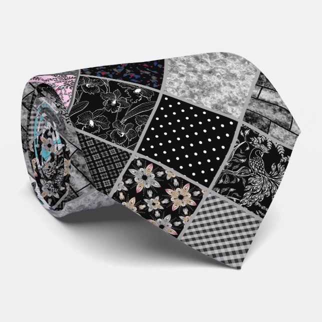 Nahtloses Patchwork Monochrom Schwarz-Weiß-Pflaste Krawatte (Gerollt)