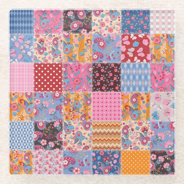 Nahtloses Patchwork, süßes Stoffmuster. Glasuntersetzer (Vorderseite)