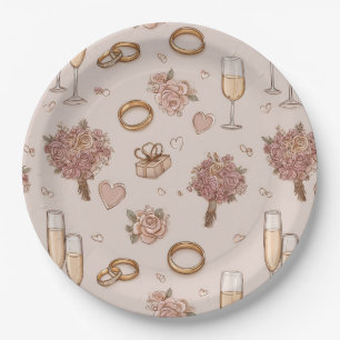 Nahtloses romantisches Hochzeitmuster Pappteller