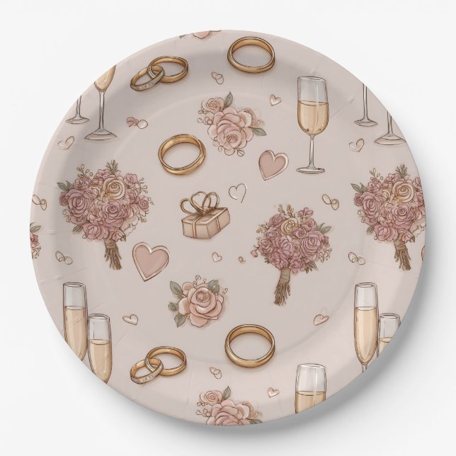 Nahtloses romantisches Hochzeitmuster Pappteller (Vorderseite)