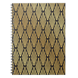Nahtloses Schwarz und Gold Art Deco Palmenblattmus Notizblock