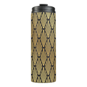 Nahtloses Schwarz und Gold Art Deco Palmenblattmus Thermosbecher