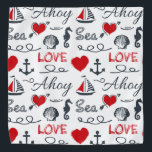 Nahtloses Seemuster Halstuch<br><div class="desc">Nahtloses Seemuster mit Seesymbolen (Segelnboot, Anker, Wellen, Seepferd, Seashell) und rote Herzdekoration mit Textentwurf auf weißem Hintergrund</div>