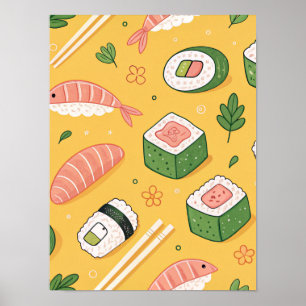 Nahtloses Sushi-Muster – Süßes Japanisches Essen Poster