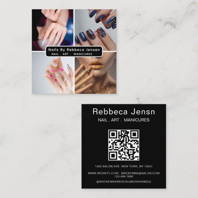 Nail Art Beauty Salon Manicure Spezialist QR Code Quadratische Visitenkarte (Vorne/Hinten)