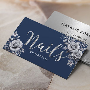 Nail Artist Diamond Typografie Silver Floral Navy Visitenkarte