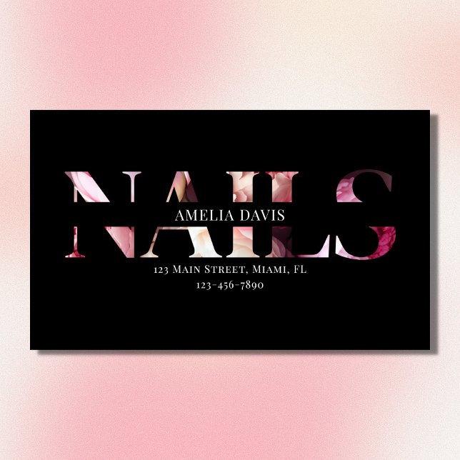 Nail Artist Elegant Schwarz-Pink-Manikurist Magnetische Visitenkarte (Von Creator hochgeladen)