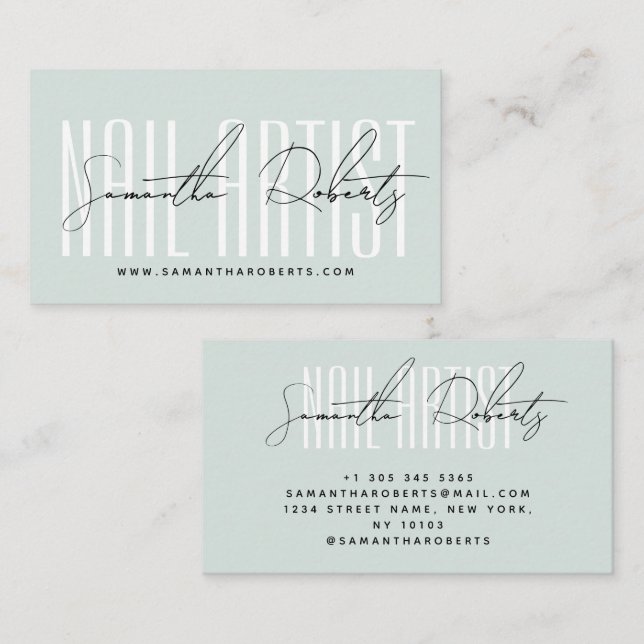 Nail artist modern typography script blue visitenkarte (Vorne/Hinten)