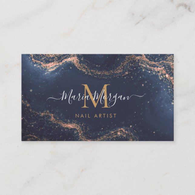 Nail Artist Navy Blue Agate Gold Monogram  Visitenkarte (Vorderseite)