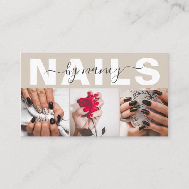  Nail Artist Photo Collage Qr Code Logo Beige  Visitenkarte (Vorderseite)