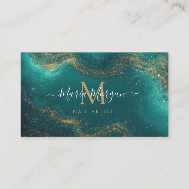 Nail Artist Turquoise Teal Agate Gold Monogram Visitenkarte (Vorderseite)