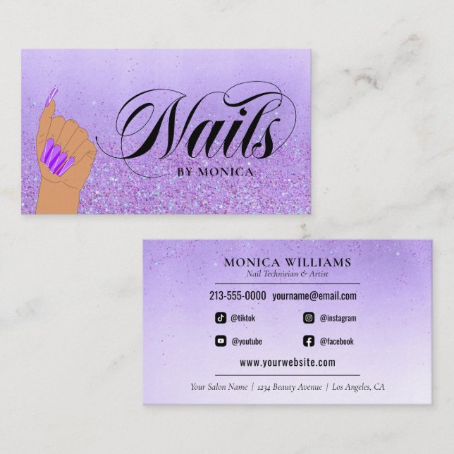Nail Manicure Tech Lila Glam Glitzer Nail Artist Visitenkarte (Vorne/Hinten)
