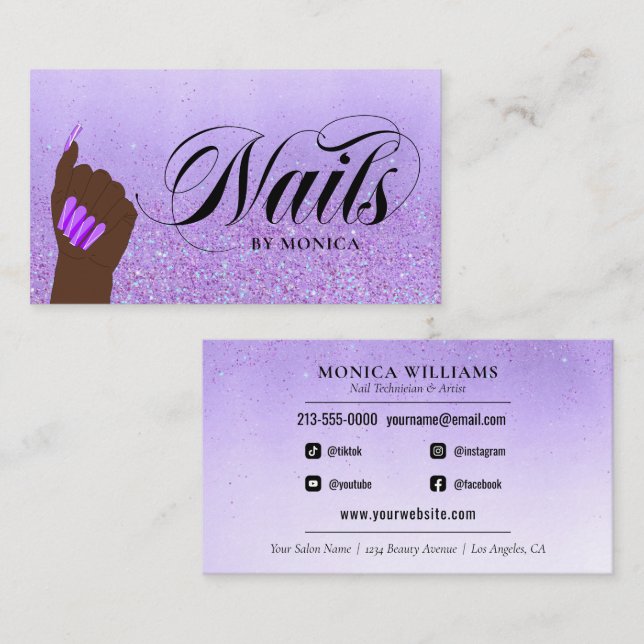 Nail Manicure Tech Lila Glam Glitzer Nail Salon Visitenkarte (Vorne/Hinten)