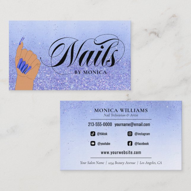 Nail Manicurist Tech Blue Glam Glitzer Nail Salon Visitenkarte (Vorne/Hinten)