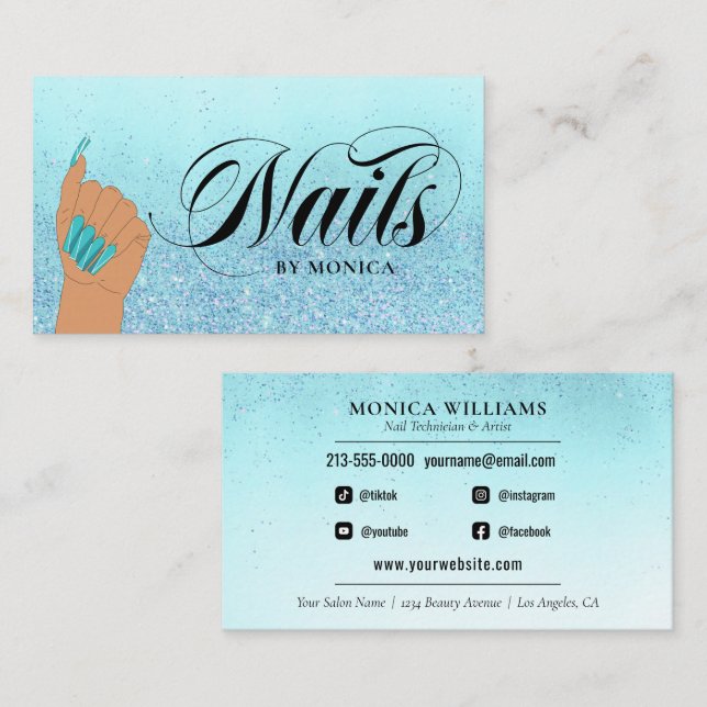 Nail Manicurist Tech Turquoise Glam Glitzer Salon  Visitenkarte (Vorne/Hinten)