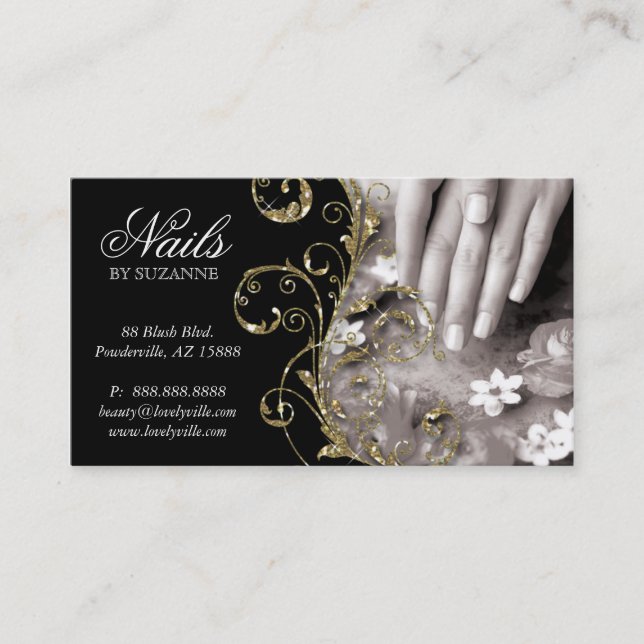 Nail Salon Black Gold Sparkle Visitenkarte (Vorderseite)