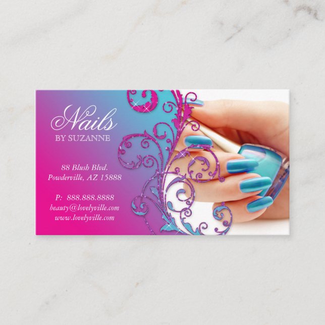 Nail Salon Business Card Glitzer Blue Pink Visitenkarte (Vorderseite)