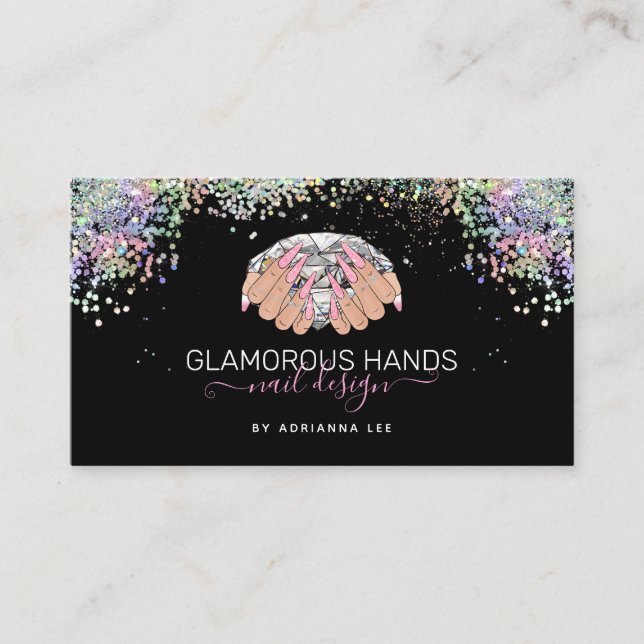 Nail Salon Diamond in den Händen Pink Glitzer Nail Visitenkarte (Vorderseite)