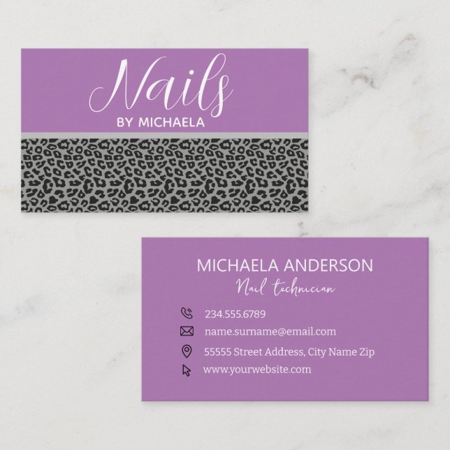 Nail Salon Girly Lila Grey Leopard Tierdruckerei Visitenkarte (Vorne/Hinten)